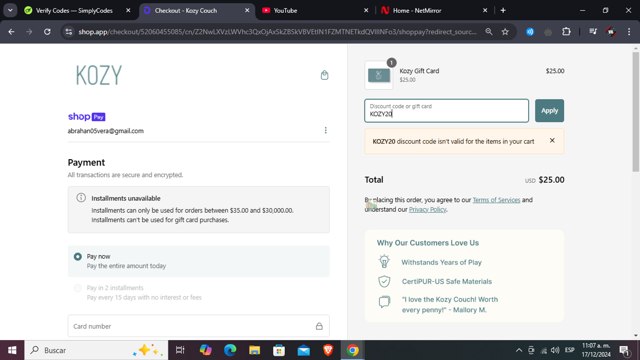 Kozy Couch checkout page showing Kozy Couch promo code box | Screenshot taken by SimplyCodes community member on Dec 17, 2024