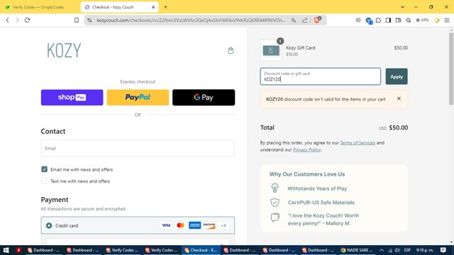 Kozy Couch checkout page showing Kozy Couch promo code box | Screenshot taken by SimplyCodes community member on Dec 8, 2024