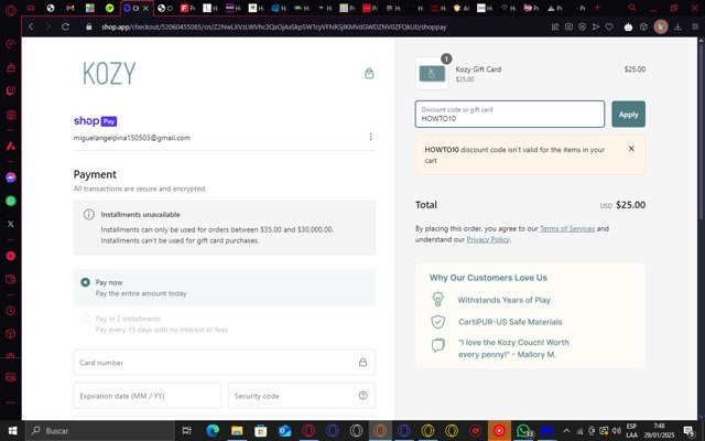 Kozy Couch checkout page showing Kozy Couch promo code box | Screenshot taken by SimplyCodes community member on Jan 29, 2025