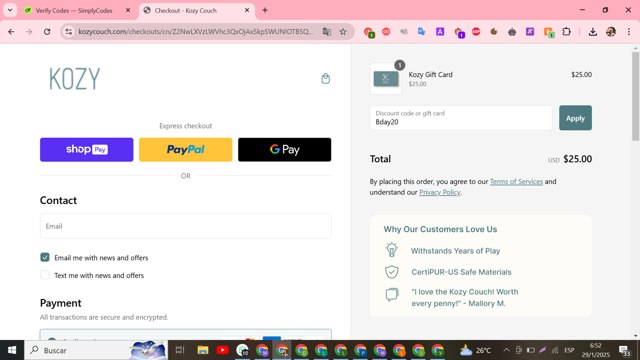 Kozy Couch checkout page showing Kozy Couch promo code box | Screenshot taken by SimplyCodes community member on Jan 29, 2025