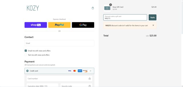 Kozy Couch checkout page showing Kozy Couch promo code box | Screenshot taken by SimplyCodes community member on Dec 26, 2024