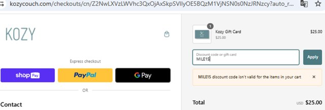 Kozy Couch checkout page showing Kozy Couch promo code box | Screenshot taken by SimplyCodes community member on Jan 29, 2025