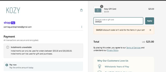 Kozy Couch checkout page showing Kozy Couch promo code box | Screenshot taken by SimplyCodes community member on Jan 24, 2025
