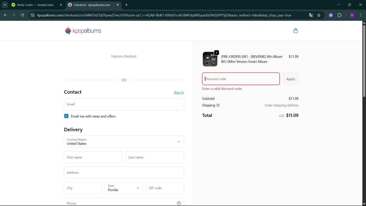 Kpopalbums.com promo code screenshot showing code RE9X7TH5S2DV applied at Kpopalbums.com checkout page. Uploaded by SimplyCodes community member RoyalSleuth2430 on Jan 18, 2026