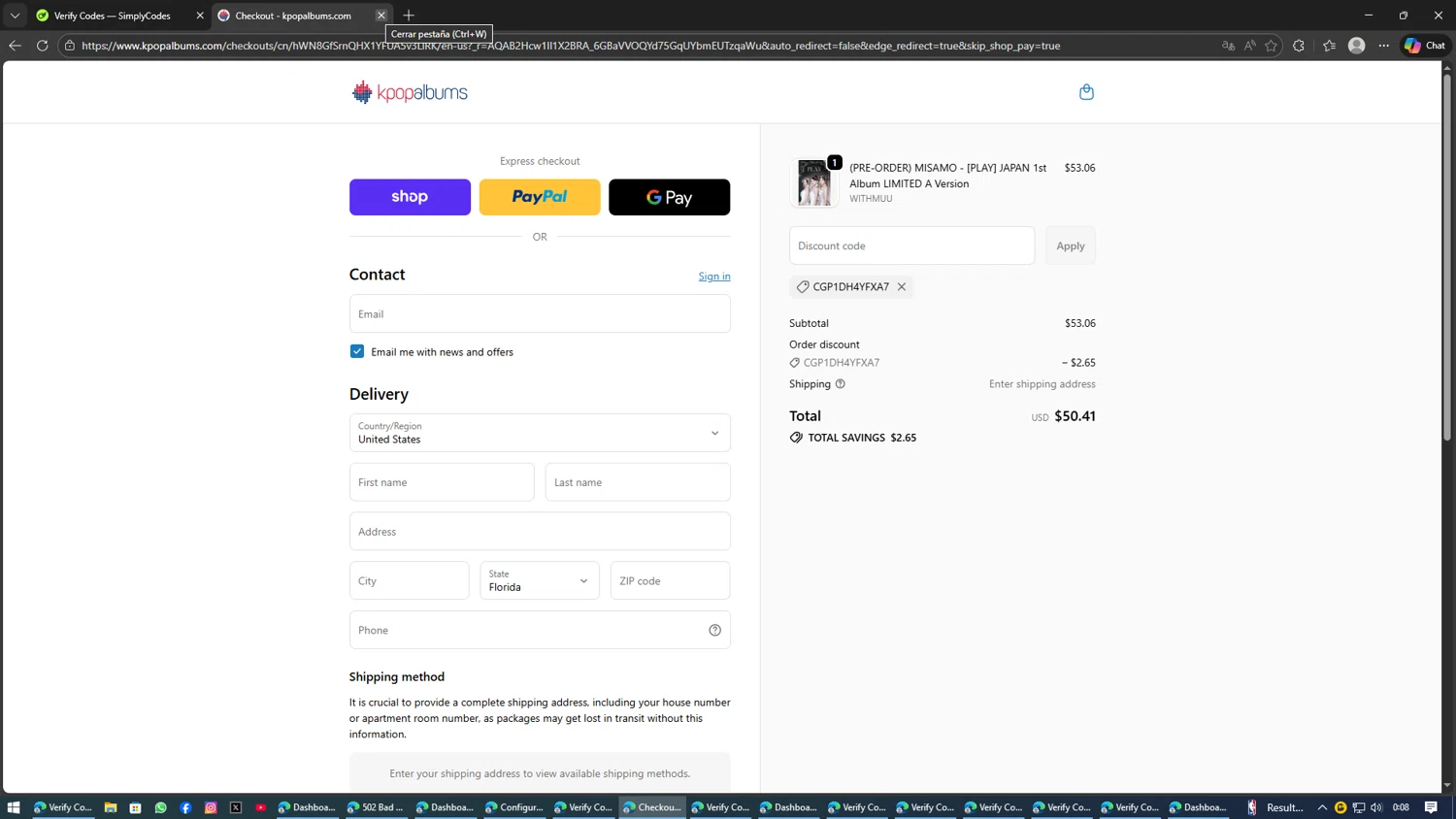 Kpopalbums.com promo code screenshot showing code CGP1DH4YFXA7 applied at Kpopalbums.com checkout page. Uploaded by SimplyCodes community member AVAMUSTANG on Feb 1, 2026
