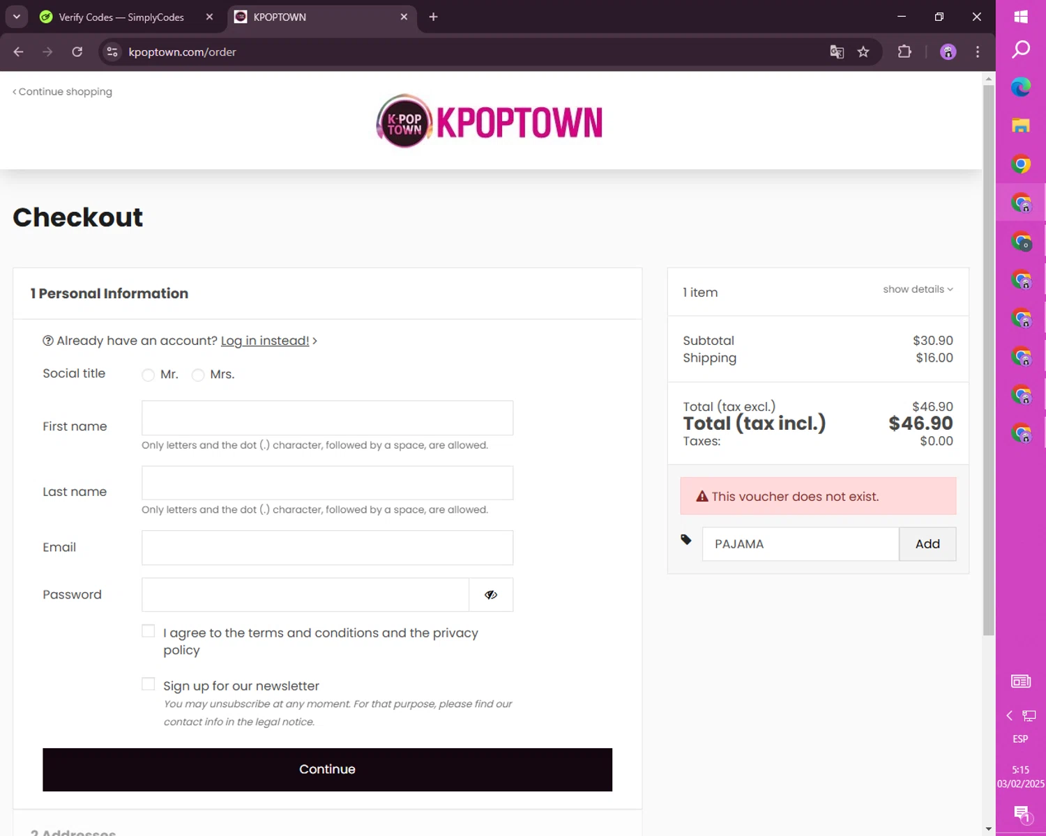 KPOPTOWN promo code screenshot showing code PAJAMA applied at KPOPTOWN checkout page. Uploaded by SimplyCodes community member GoldTracker4522 on Feb 3, 2025