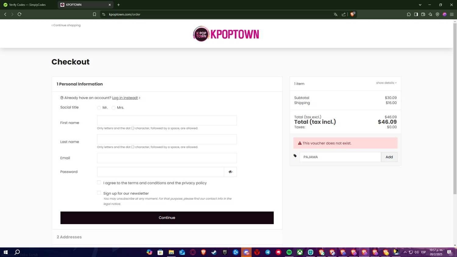 KPOPTOWN promo code screenshot showing code PAJAMA applied at KPOPTOWN checkout page. Uploaded by SimplyCodes community member FrugalFalcon7577 on Feb 21, 2025