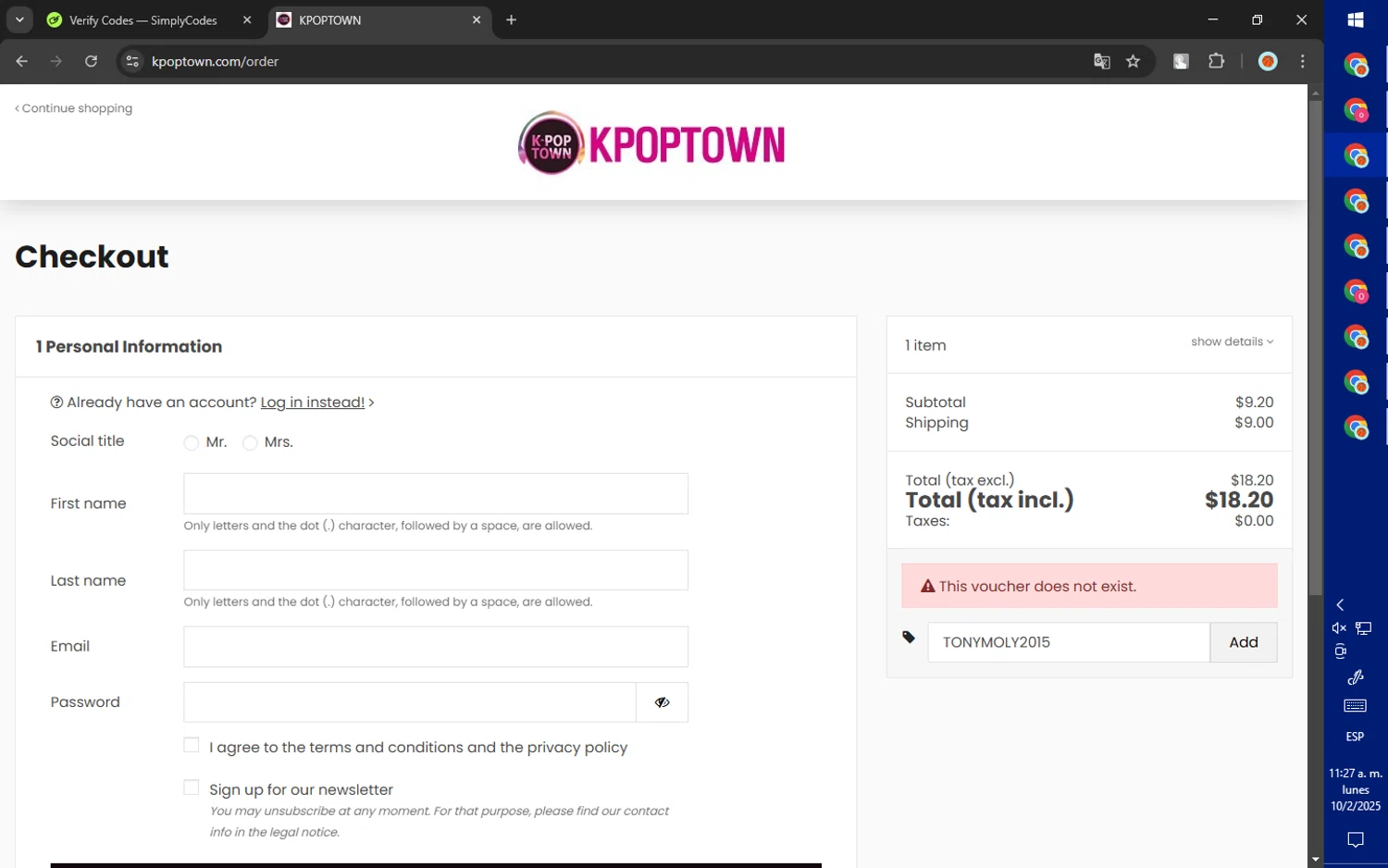 KPOPTOWN promo code screenshot showing code TONYMOLY2015 applied at KPOPTOWN checkout page. Uploaded by SimplyCodes community member ValiantWarden8956 on Feb 10, 2025
