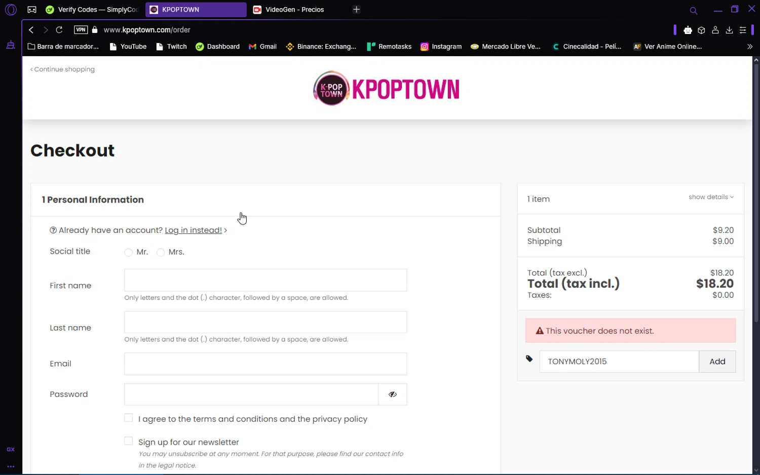 KPOPTOWN promo code screenshot showing code TONYMOLY2015 applied at KPOPTOWN checkout page. Uploaded by SimplyCodes community member trinzo on Feb 26, 2025