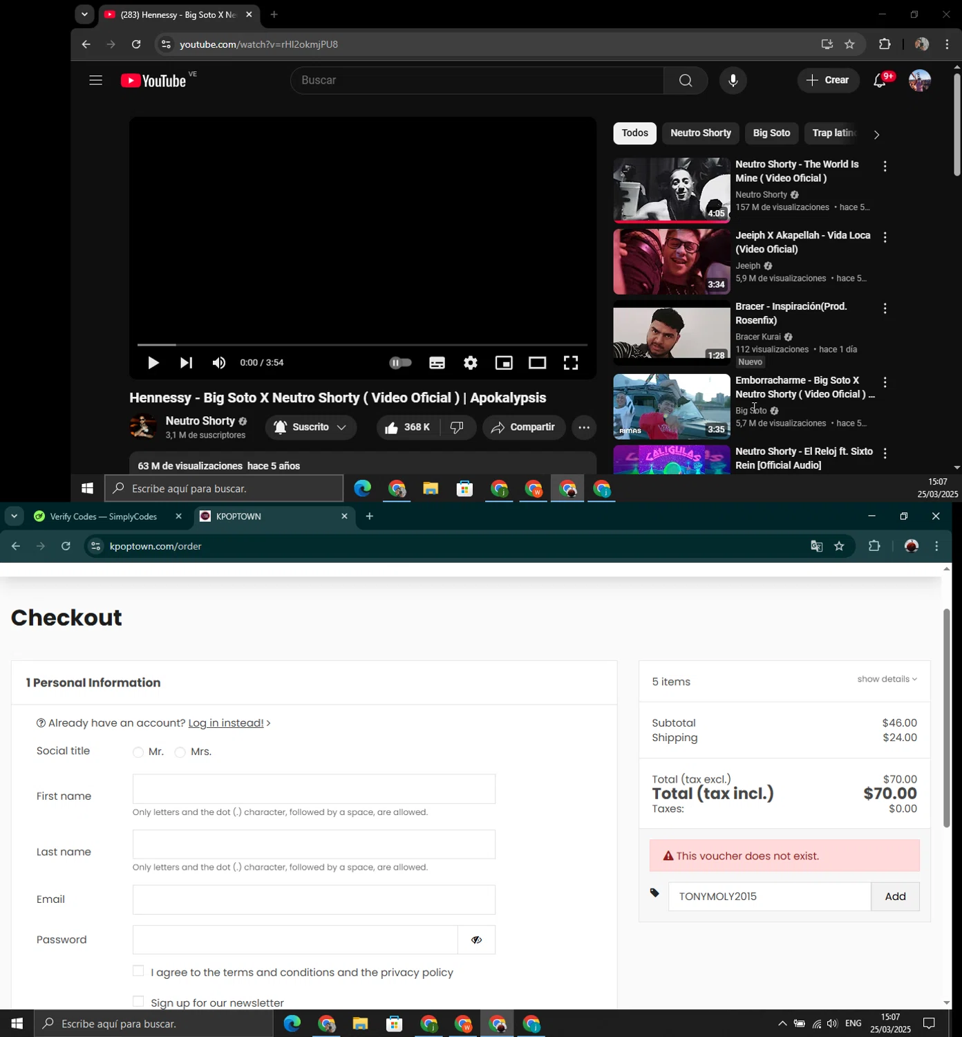 KPOPTOWN promo code screenshot showing code TONYMOLY2015 applied at KPOPTOWN checkout page. Uploaded by SimplyCodes community member youngonzalo on Mar 25, 2025