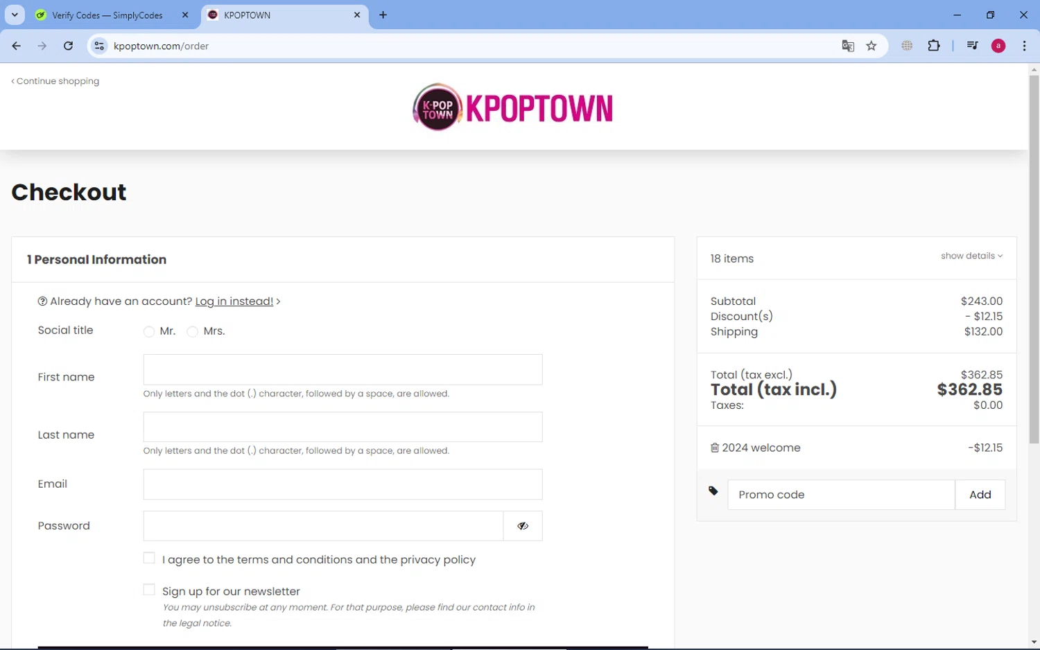 KPOPTOWN checkout page showing KPOPTOWN promo code box | Screenshot taken by SimplyCodes community member on Aug 3, 2024