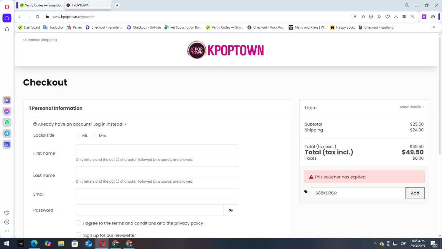 KPOPTOWN promo code screenshot showing code S88KD2GR applied at KPOPTOWN checkout page. Uploaded by SimplyCodes community member elbicho22 on Mar 25, 2025