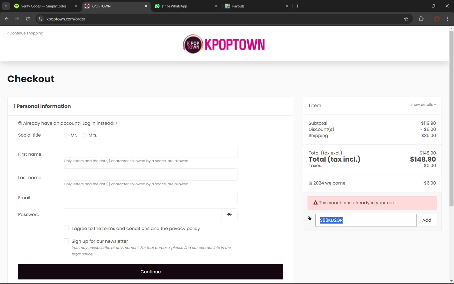 KPOPTOWN checkout page showing KPOPTOWN promo code box | Screenshot taken by SimplyCodes community member on Sep 1, 2024