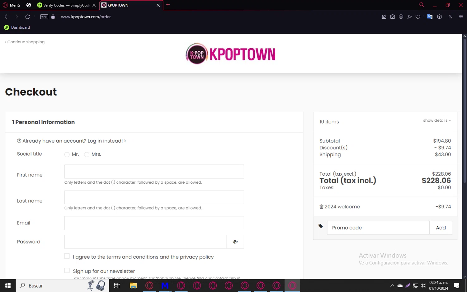 KPOPTOWN checkout page showing KPOPTOWN promo code box | Screenshot taken by SimplyCodes community member on Oct 1, 2024