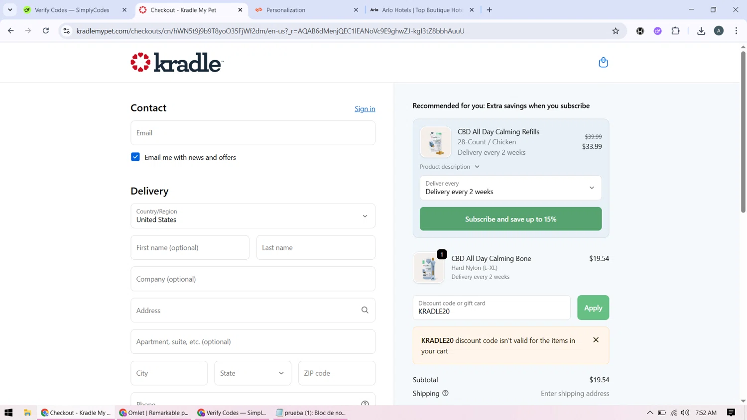 Kradle My Pet promo code screenshot showing code KRADLE20 applied at Kradle My Pet checkout page. Uploaded by SimplyCodes community member BonusMonarch7015 on Nov 30, 2025