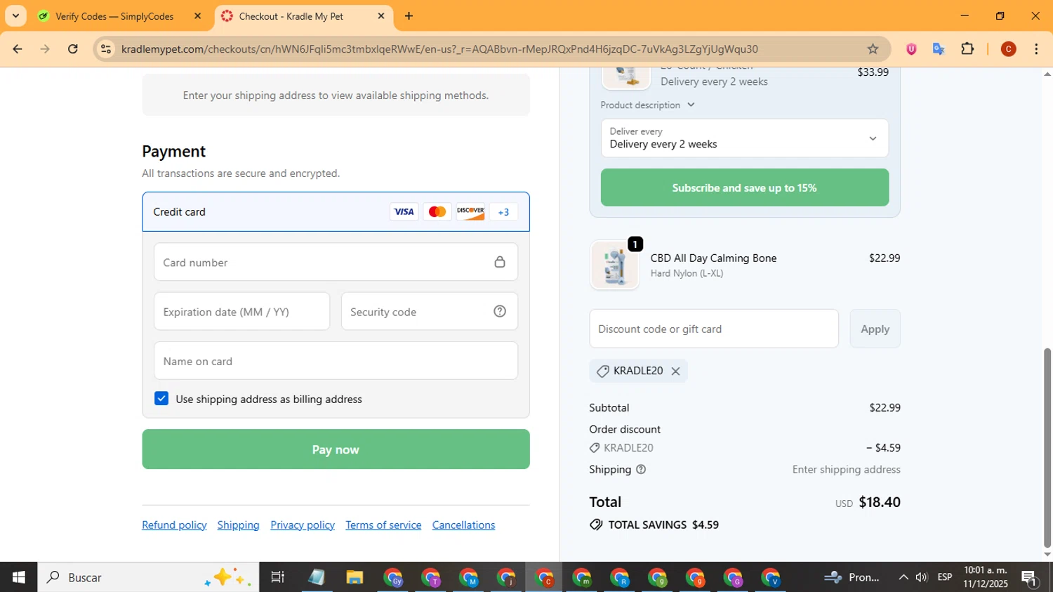 Kradle My Pet promo code screenshot showing code KRADLE20 applied at Kradle My Pet checkout page. Uploaded by SimplyCodes community member Playstatiton2 on Dec 11, 2025