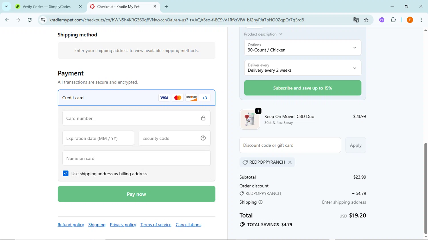 Kradle My Pet promo code screenshot showing code REDPOPPYRANCH applied at Kradle My Pet checkout page. Uploaded by SimplyCodes community member BudgetFox5491 on Nov 25, 2025