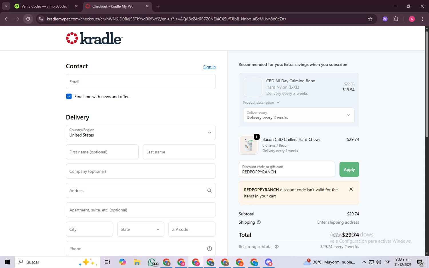 Kradle My Pet promo code screenshot showing code REDPOPPYRANCH applied at Kradle My Pet checkout page. Uploaded by SimplyCodes community member SaleScholar6713 on Dec 11, 2025