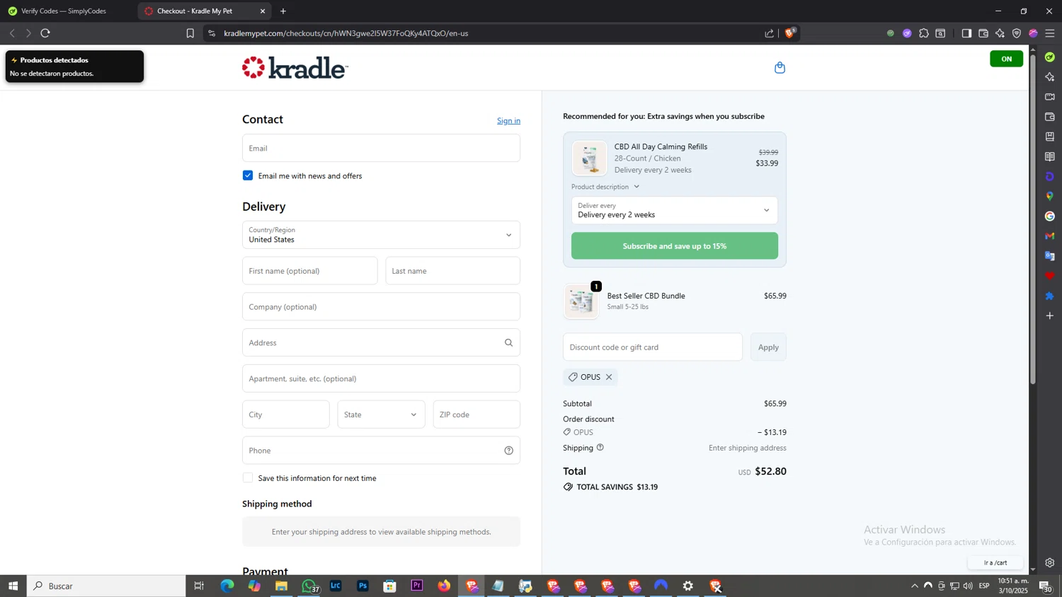 Kradle My Pet promo code screenshot showing code OPUS applied at Kradle My Pet checkout page. Uploaded by SimplyCodes community member NobleLegend6162 on Oct 3, 2025