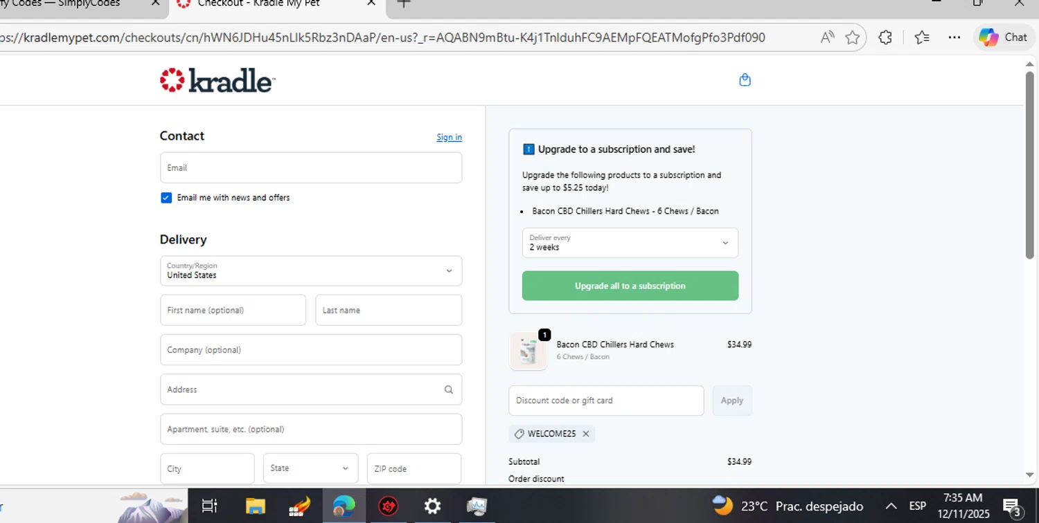 Kradle My Pet promo code screenshot showing code Welcome25 applied at Kradle My Pet checkout page. Uploaded by SimplyCodes community member fhddfhfdhwert on Dec 11, 2025