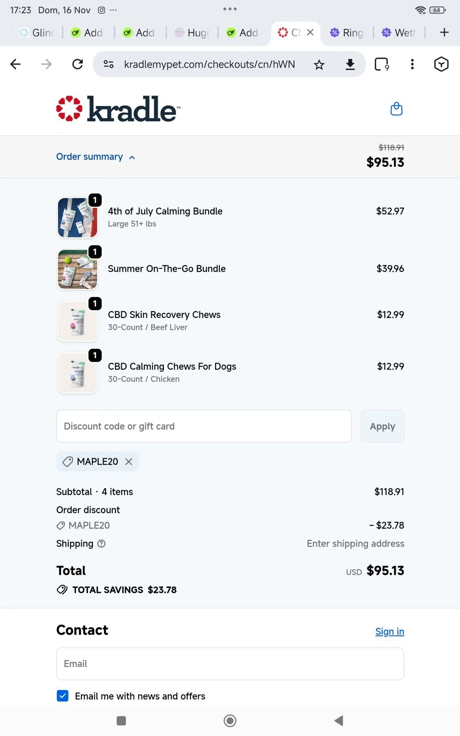 Kradle My Pet promo code screenshot showing code Maple20 applied at Kradle My Pet checkout page. Uploaded by SimplyCodes community member KarinaHZ on Nov 16, 2025