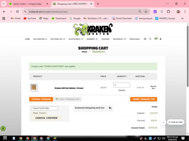 Kraken Kratom checkout page showing Kraken Kratom coupon code box | Screenshot taken by SimplyCodes community member on Aug 29, 2025
