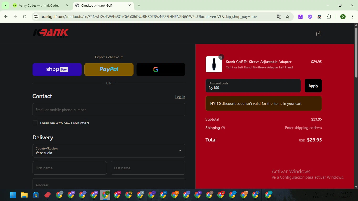 Krank Golf discount code screenshot showing code Ny150 applied at Krank Golf checkout page. Uploaded by SimplyCodes community member BargainGuardian5495 on Jun 13, 2025