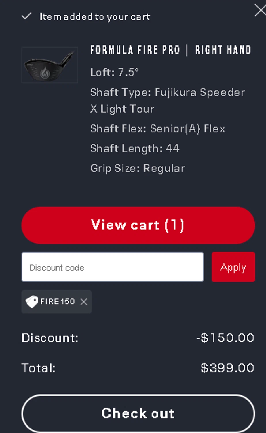 Krank Golf discount code screenshot showing code FIRE150 applied at Krank Golf checkout page. Uploaded by SimplyCodes community member SavvySaver8651 on Feb 20, 2025