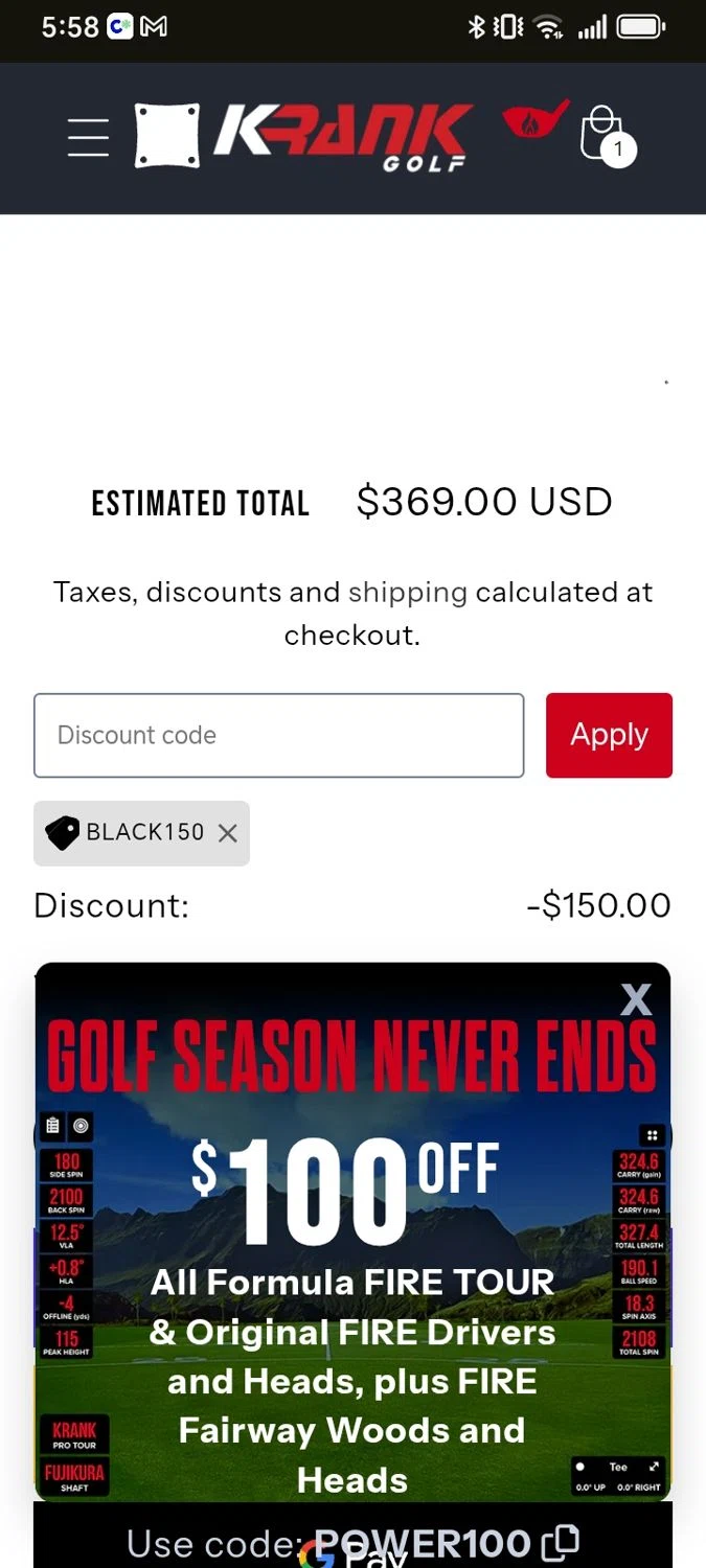 Krank Golf discount code screenshot showing code BLACK150 applied at Krank Golf checkout page. Uploaded by SimplyCodes community member Diego_Soto on Feb 10, 2026