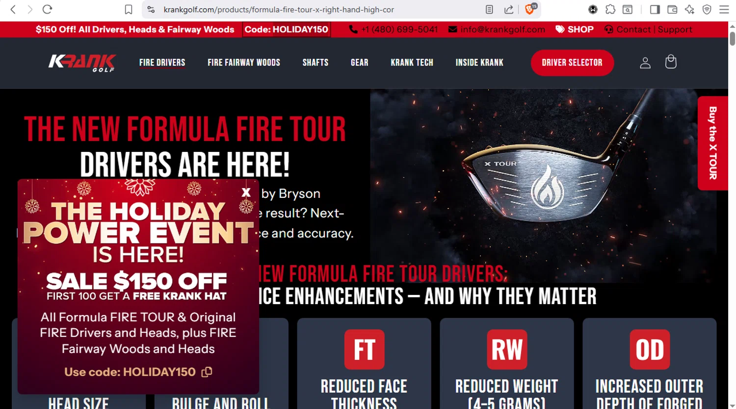 Krank Golf discount code screenshot showing code HOLIDAY150 applied at Krank Golf checkout page. Uploaded by SimplyCodes community member dayselis15 on Dec 16, 2025