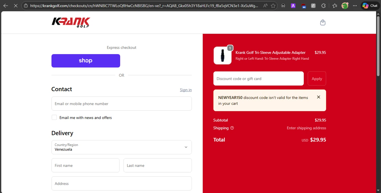 Krank Golf discount code screenshot showing code NEWYEAR150 applied at Krank Golf checkout page. Uploaded by SimplyCodes community member PrincessCoupon on Feb 1, 2026