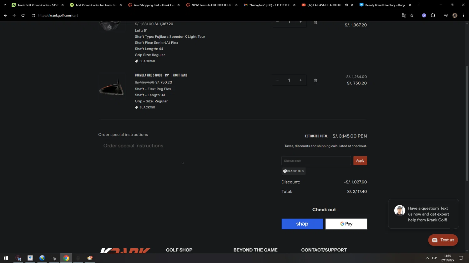 Krank Golf discount code screenshot showing code BLACK150 applied at Krank Golf checkout page. Uploaded by SimplyCodes community member MarcosAranguren on Nov 7, 2025