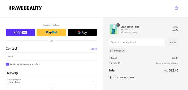 KraveBeauty checkout page showing KraveBeauty promo code box | Screenshot taken by SimplyCodes community member on May 24, 2025