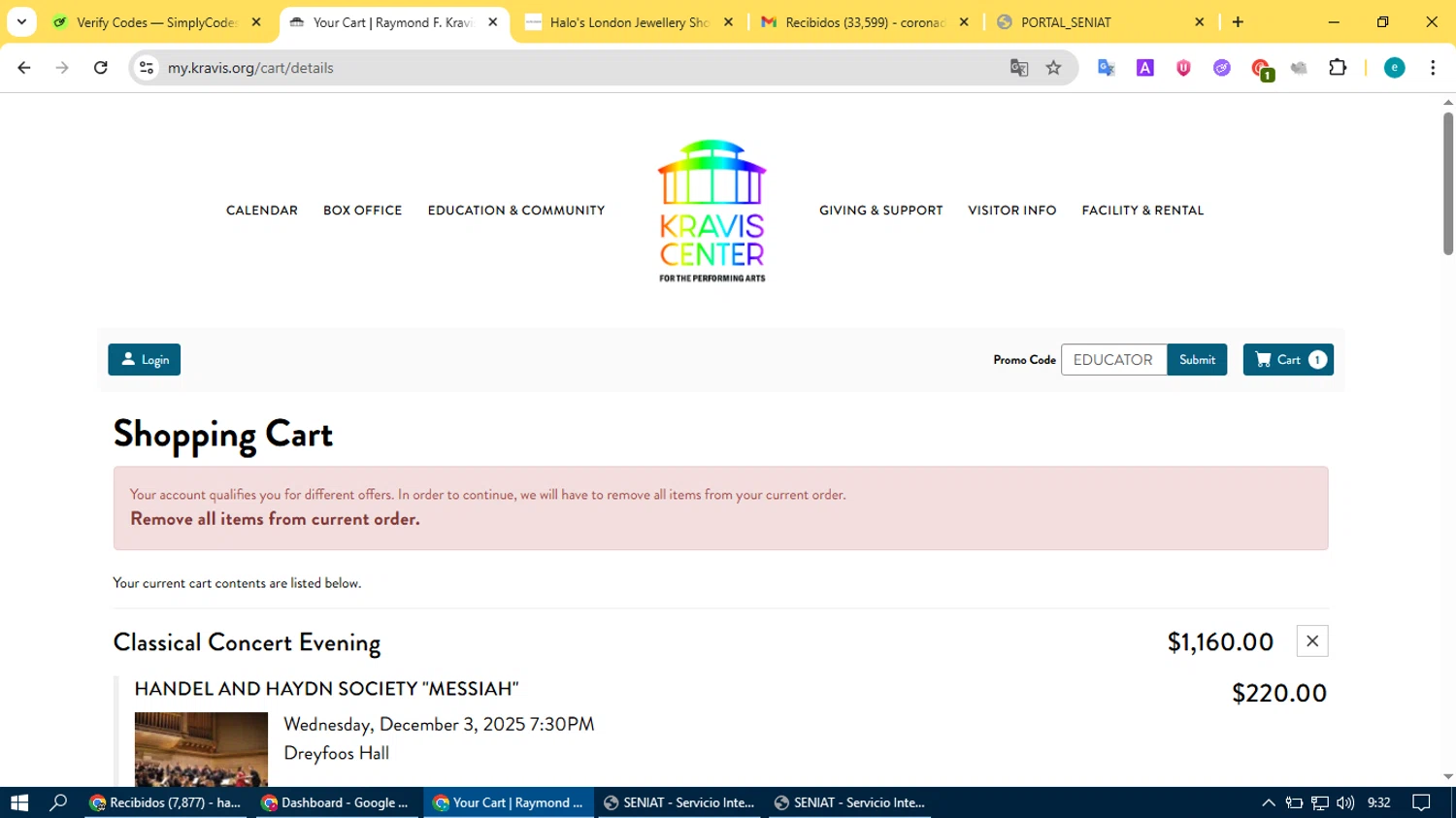 Kravis Center promo code screenshot showing code EDUCATOR applied at Kravis Center checkout page. Uploaded by SimplyCodes community member BonusVoyager4214 on Jun 30, 2025