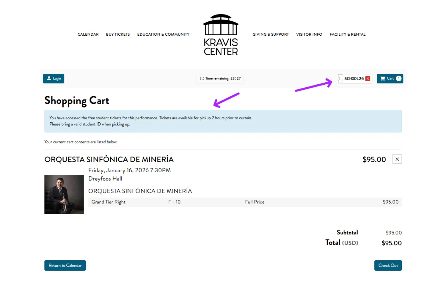 Kravis Center promo code screenshot showing code SCHOOL26 applied at Kravis Center checkout page. Uploaded by SimplyCodes community member Myrulesmagazine23 on Dec 30, 2025