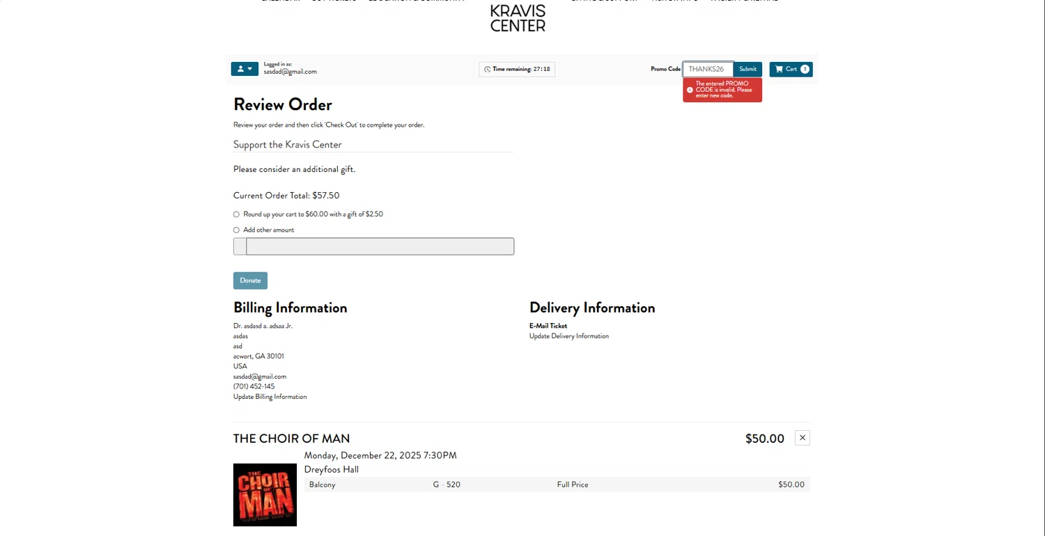 Kravis Center promo code screenshot showing code THANKS26 applied at Kravis Center checkout page. Uploaded by SimplyCodes community member holasfosi on Dec 5, 2025