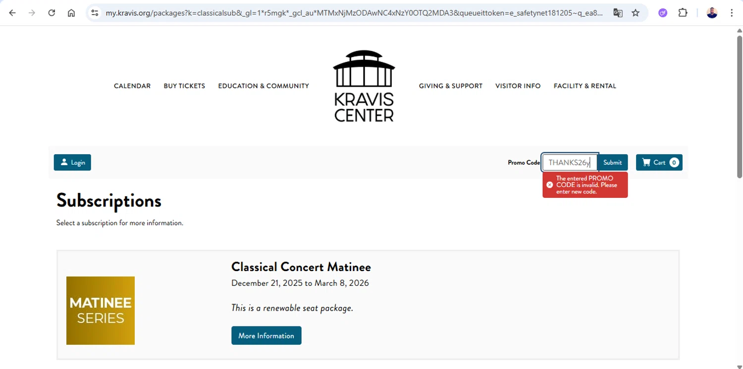 Kravis Center promo code screenshot showing code THANKS26 applied at Kravis Center checkout page. Uploaded by SimplyCodes community member joseg151520 on Dec 5, 2025