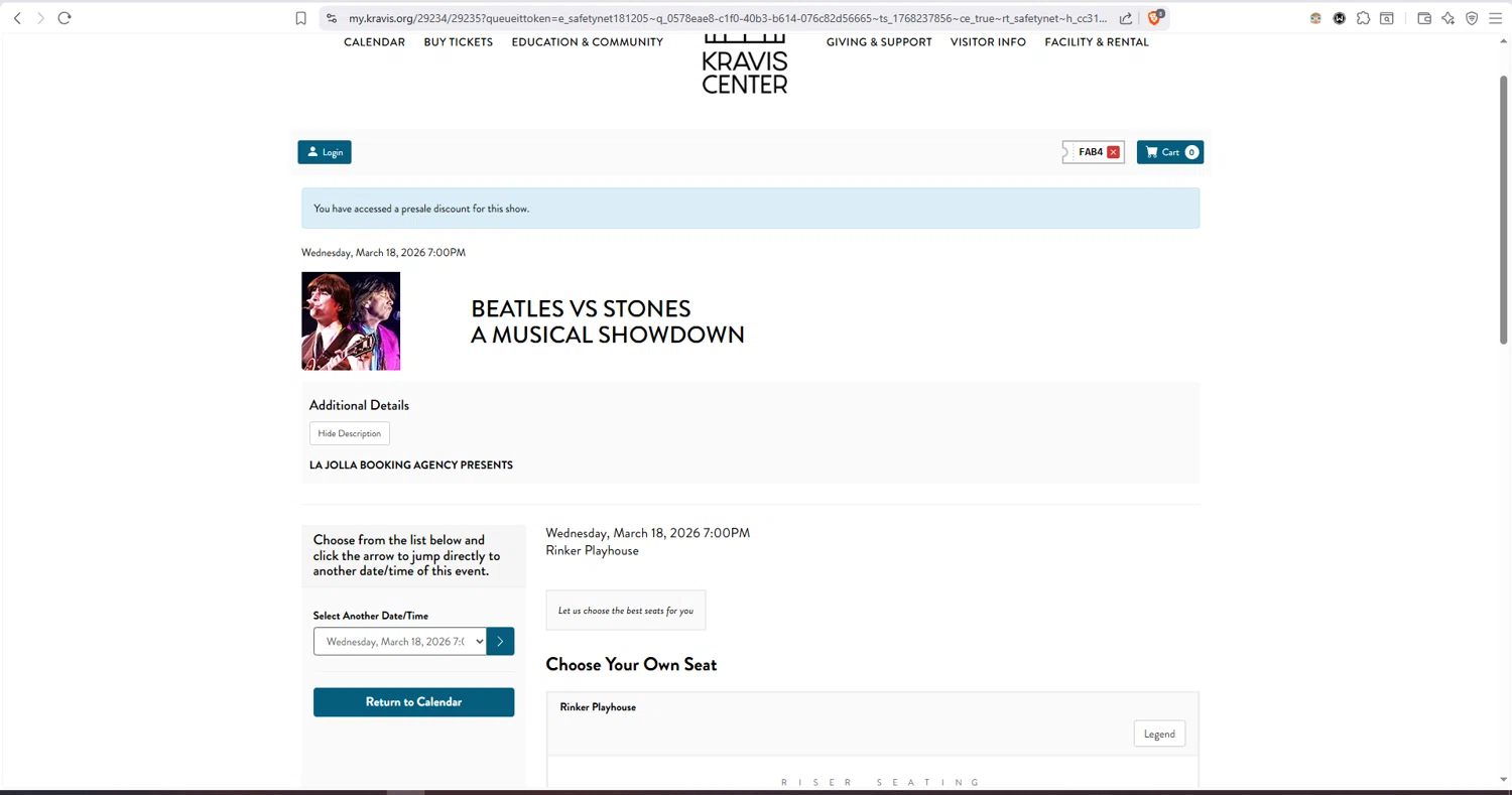 Kravis Center checkout page showing Kravis Center promo code box | Screenshot taken by SimplyCodes community member on Jan 12, 2026