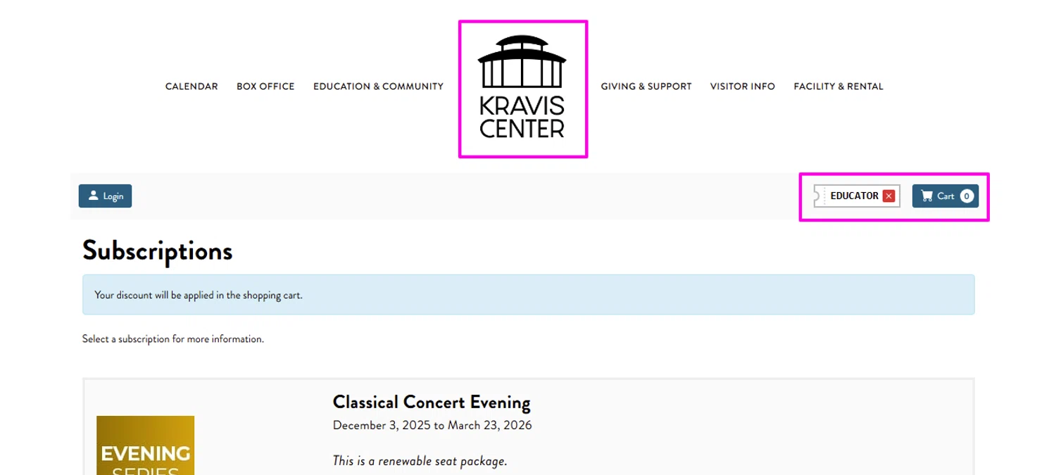 Kravis Center promo code screenshot showing code EDUCATOR applied at Kravis Center checkout page. Uploaded by SimplyCodes community member mrdarcy on Apr 4, 2025