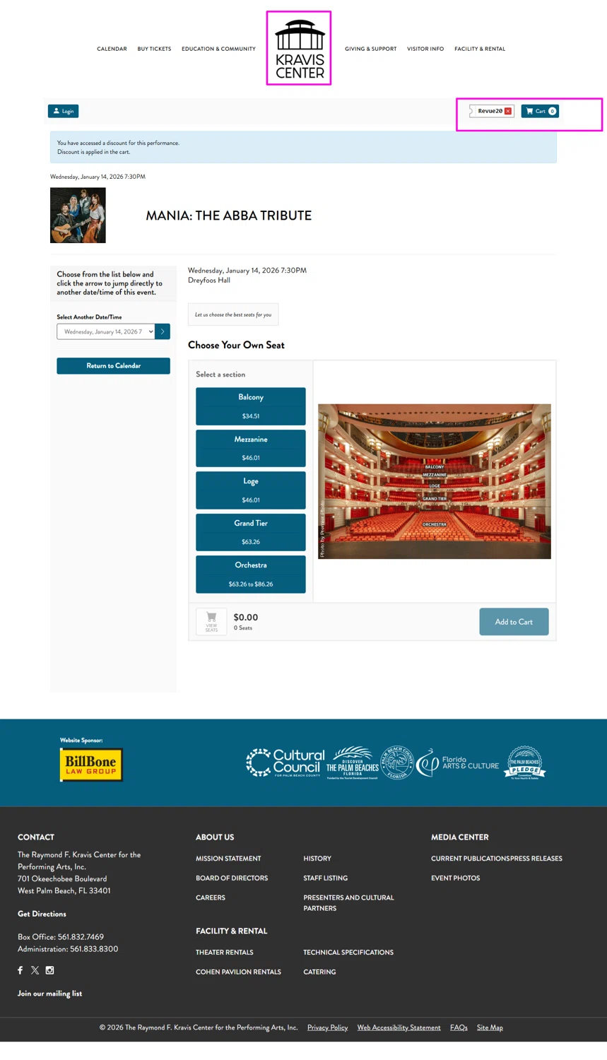 Kravis Center promo code screenshot showing code Revue20 applied at Kravis Center checkout page. Uploaded by SimplyCodes community member mrdarcy on Jan 11, 2026