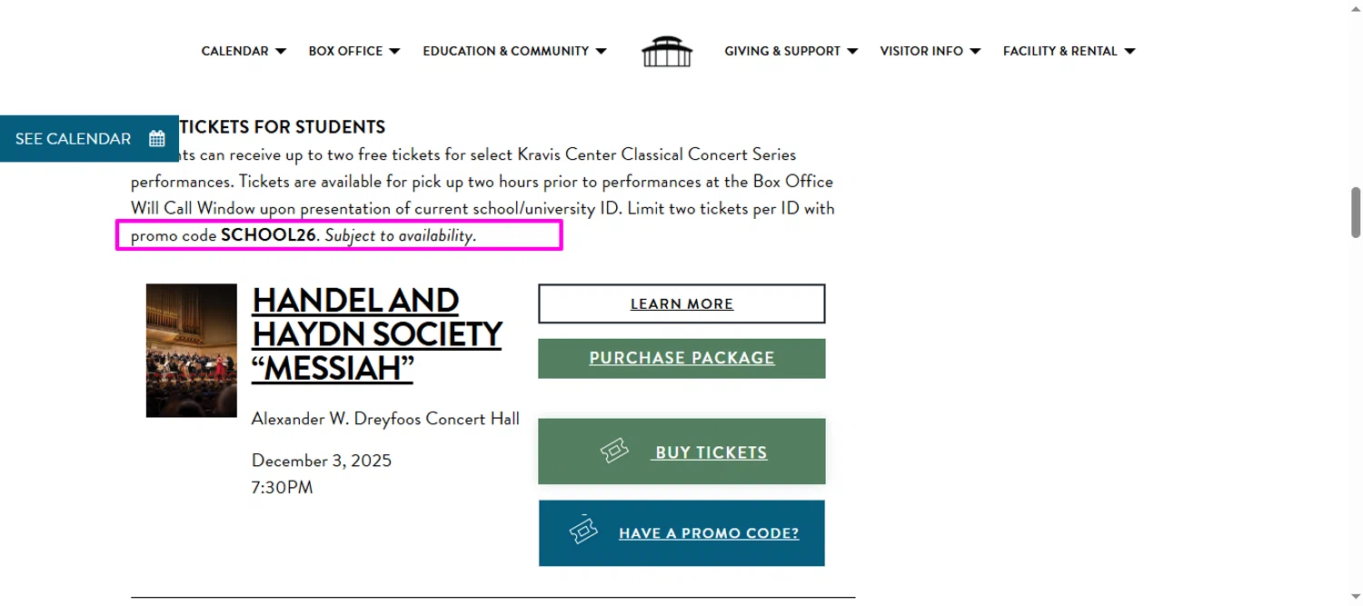 Kravis Center promo code screenshot showing code SCHOOL26 applied at Kravis Center checkout page. Uploaded by SimplyCodes community member mrdarcy on Oct 20, 2025