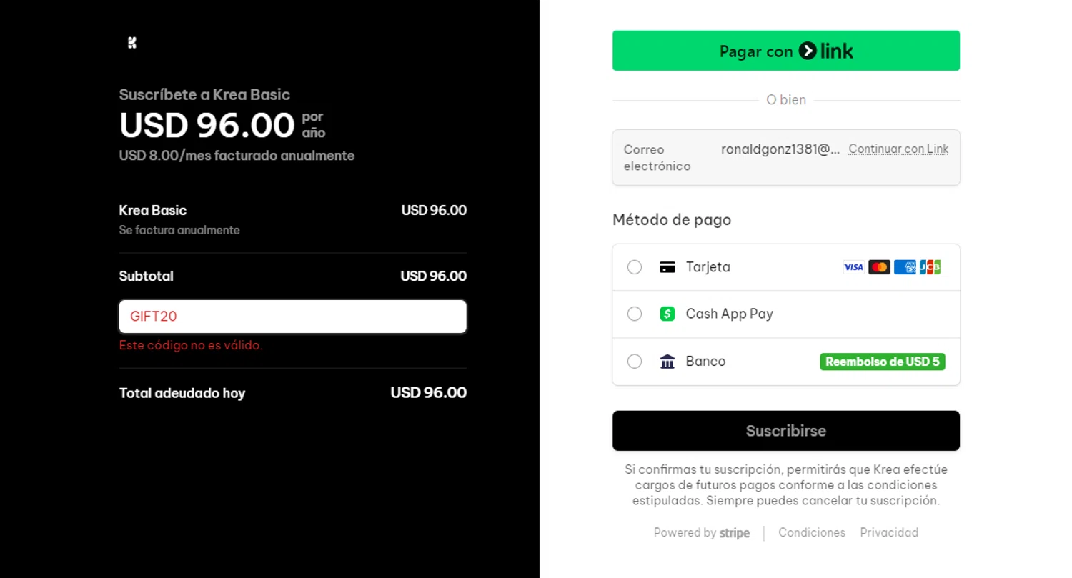 KREA promo code screenshot showing code GIFT20 applied at KREA checkout page. Uploaded by SimplyCodes community member Gonzalez010203 on Jul 1, 2025