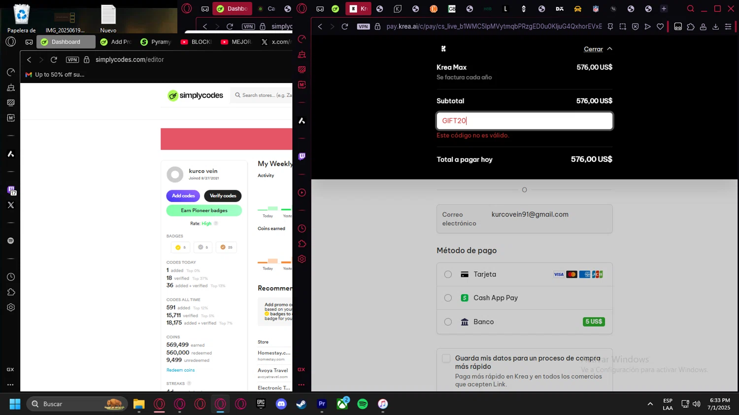 KREA promo code screenshot showing code GIFT20 applied at KREA checkout page. Uploaded by SimplyCodes community member Halanweik on Jul 1, 2025