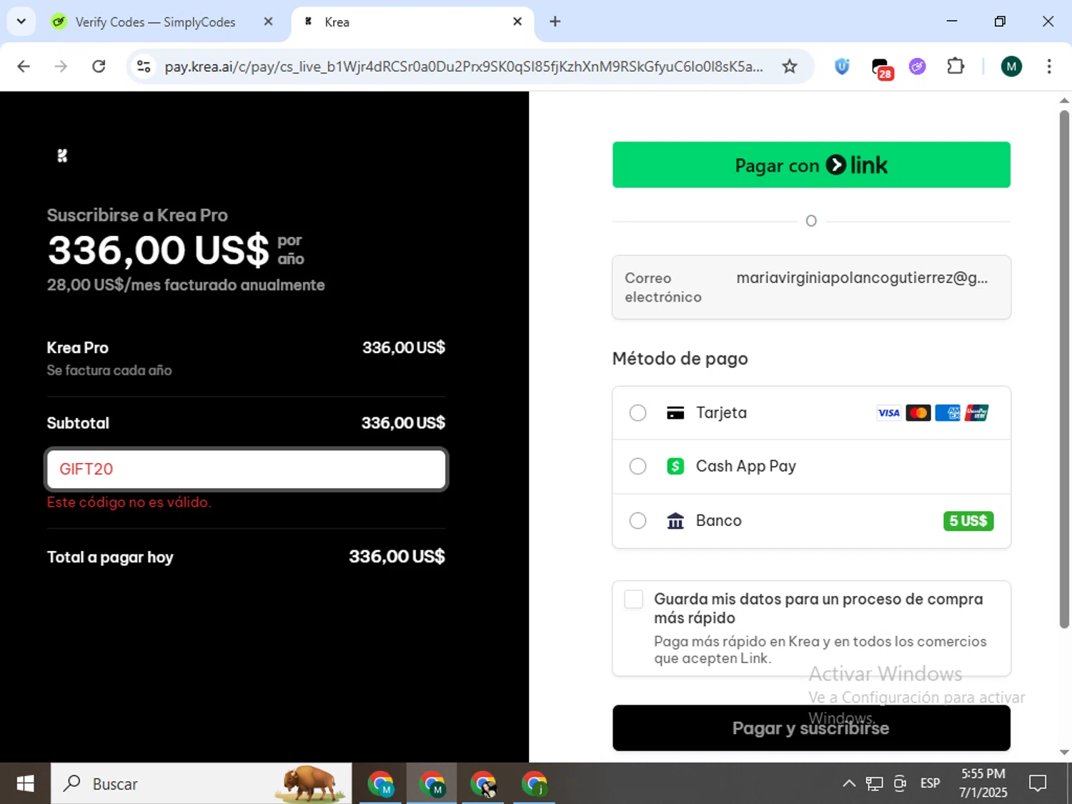 KREA promo code screenshot showing code GIFT20 applied at KREA checkout page. Uploaded by SimplyCodes community member Jorgeluisvera on Jul 1, 2025