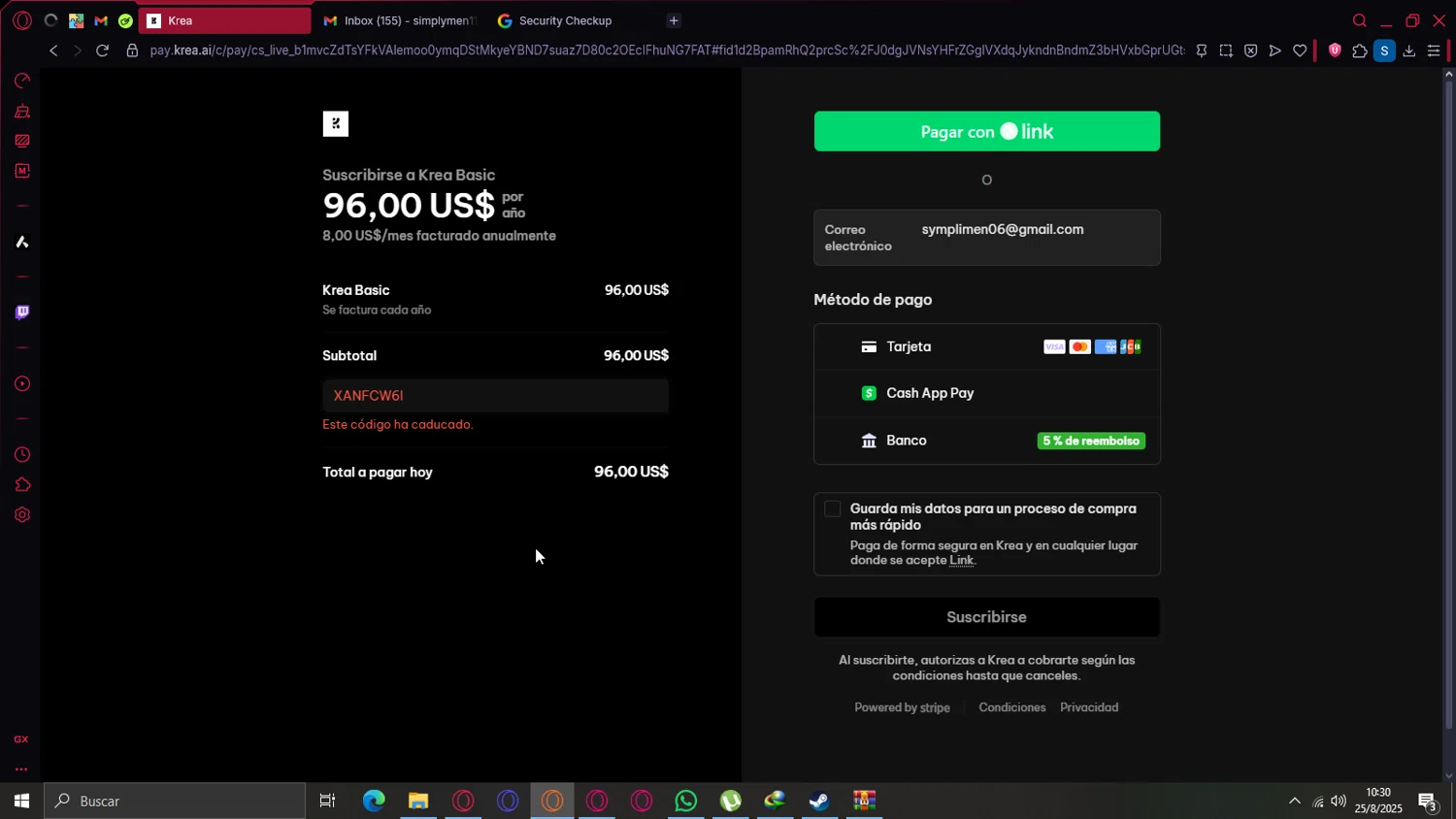 KREA promo code screenshot showing code XANFCW6I applied at KREA checkout page. Uploaded by SimplyCodes community member Coraje on Aug 25, 2025