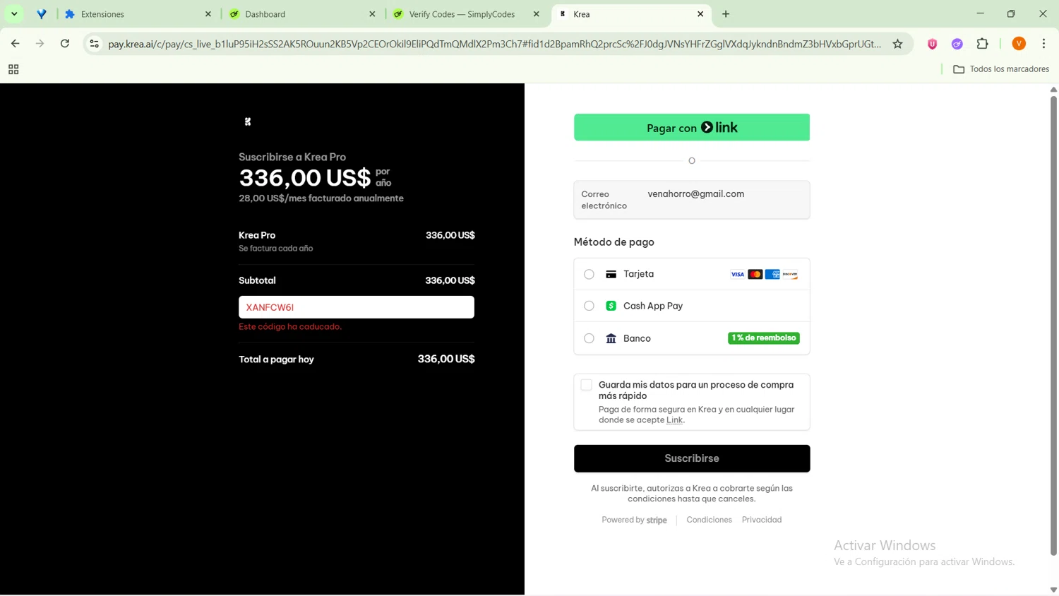 KREA promo code screenshot showing code XANFCW6I applied at KREA checkout page. Uploaded by SimplyCodes community member GoldFox1696 on Aug 25, 2025