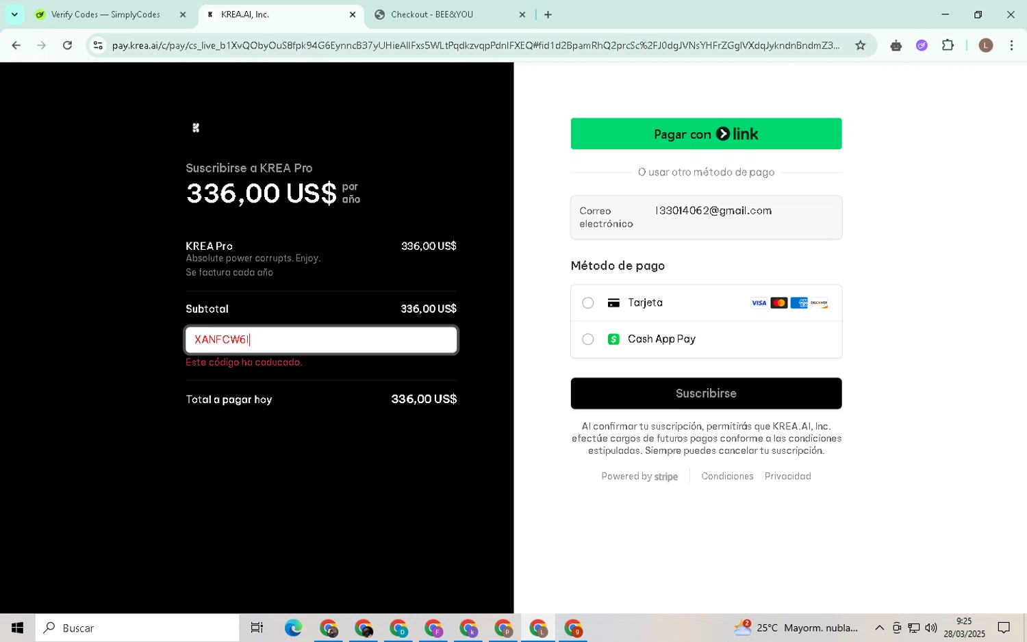 KREA promo code screenshot showing code XANFCW6I applied at KREA checkout page. Uploaded by SimplyCodes community member BrilliantTiger9986 on Mar 28, 2025