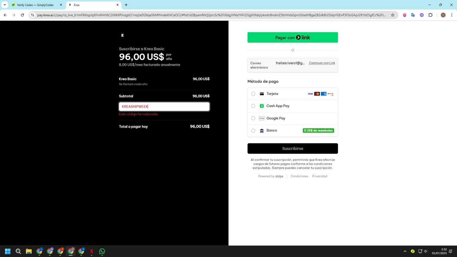KREA promo code screenshot showing code KREASHIPWEEK applied at KREA checkout page. Uploaded by SimplyCodes community member CashSleuth106 on Jul 1, 2025