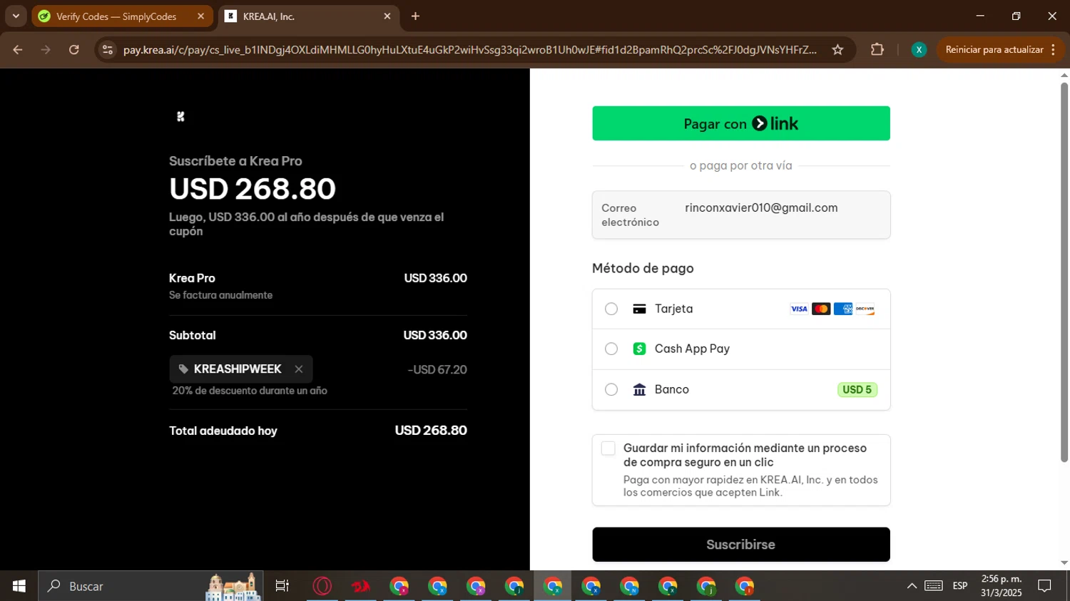 KREA checkout page showing KREA promo code box | Screenshot taken by SimplyCodes community member on Mar 31, 2025