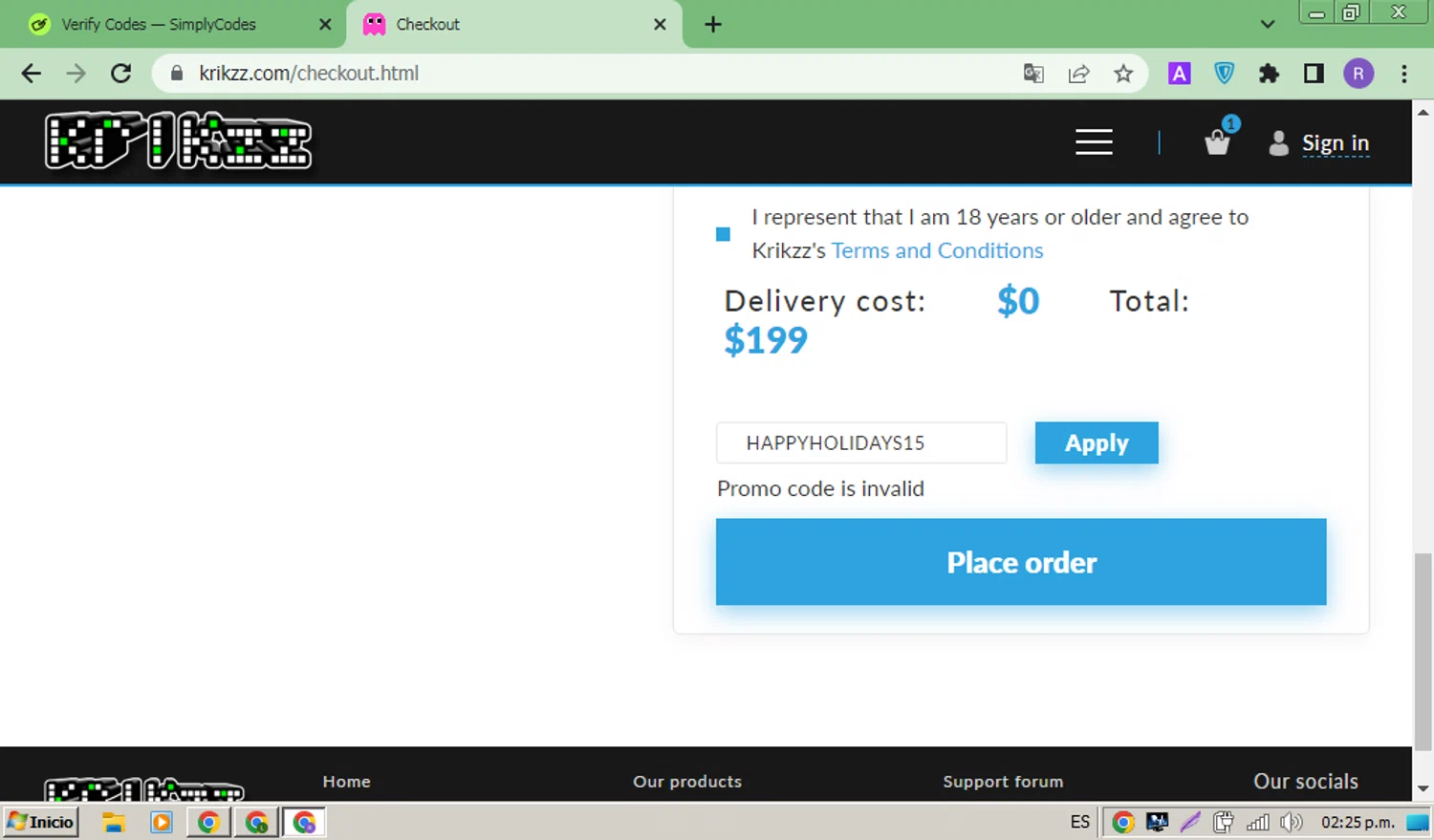 Krikzz promo code screenshot showing code HAPPYHOLIDAYS15 applied at Krikzz checkout page. Uploaded by SimplyCodes community member ThriftyMonarch5789 on Mar 21, 2025
